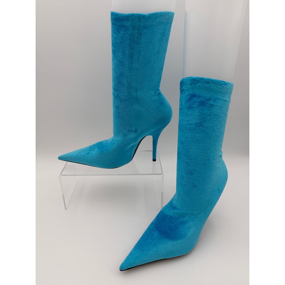 Balenciaga Knife Sock Booties Blue Velvet Stretch Size 3.5 / 8.5 Stiletto Point
